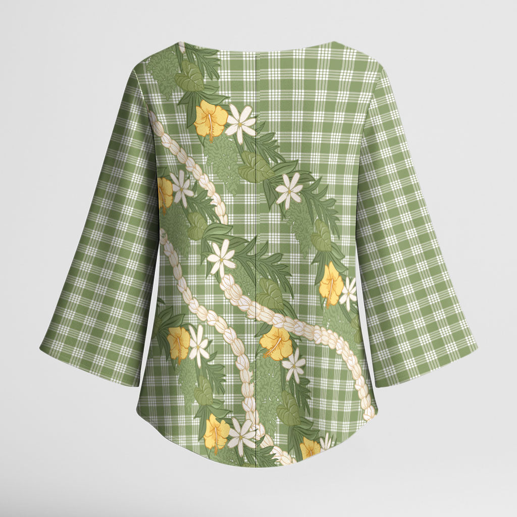 Aloha Puakenikeni Anthurium Pikake Lei Kimono Sleeve Blouse Green Hawaiian Palaka Pattern LT9 - Polynesian Pride