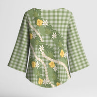 Aloha Puakenikeni Anthurium Pikake Lei Kimono Sleeve Blouse Green Hawaiian Palaka Pattern LT9 - Polynesian Pride
