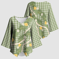 Aloha Puakenikeni Anthurium Pikake Lei Kimono Sleeve Blouse Green Hawaiian Palaka Pattern LT9 - Polynesian Pride
