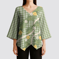 Aloha Puakenikeni Anthurium Pikake Lei Kimono Sleeve Blouse Green Hawaiian Palaka Pattern LT9 - Polynesian Pride