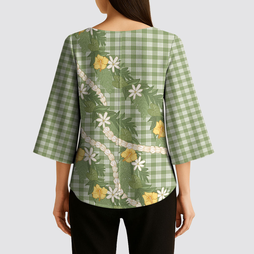 Aloha Puakenikeni Anthurium Pikake Lei Kimono Sleeve Blouse Green Hawaiian Palaka Pattern LT9 - Polynesian Pride