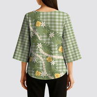Aloha Puakenikeni Anthurium Pikake Lei Kimono Sleeve Blouse Green Hawaiian Palaka Pattern LT9 - Polynesian Pride