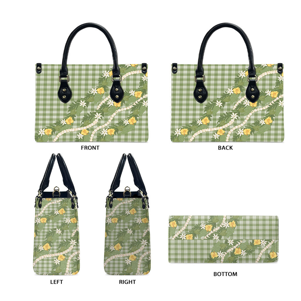 Aloha Puakenikeni Anthurium Pikake Lei Leather Bag Green Hawaiian Palaka Pattern