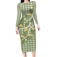 Aloha Puakenikeni Anthurium Pikake Lei Long Sleeve Bodycon Dress Green Hawaiian Palaka Pattern LT9 Long Dress Green - Polynesian Pride
