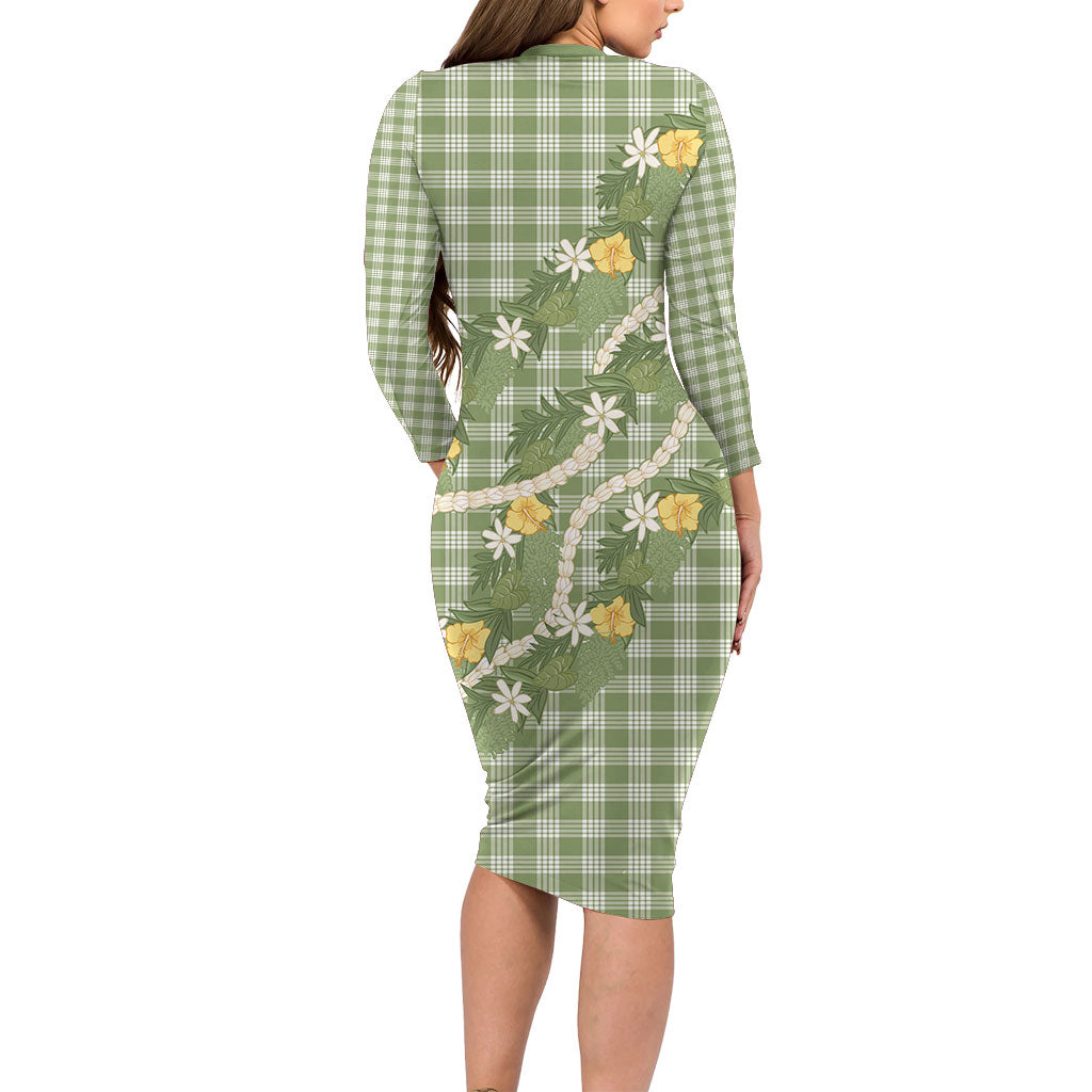 Aloha Puakenikeni Anthurium Pikake Lei Long Sleeve Bodycon Dress Green Hawaiian Palaka Pattern LT9 - Polynesian Pride