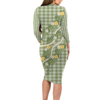 Aloha Puakenikeni Anthurium Pikake Lei Long Sleeve Bodycon Dress Green Hawaiian Palaka Pattern LT9 - Polynesian Pride