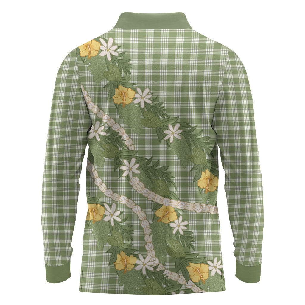 Aloha Puakenikeni Anthurium Pikake Lei Long Sleeve Polo Shirt Green Hawaiian Palaka Pattern