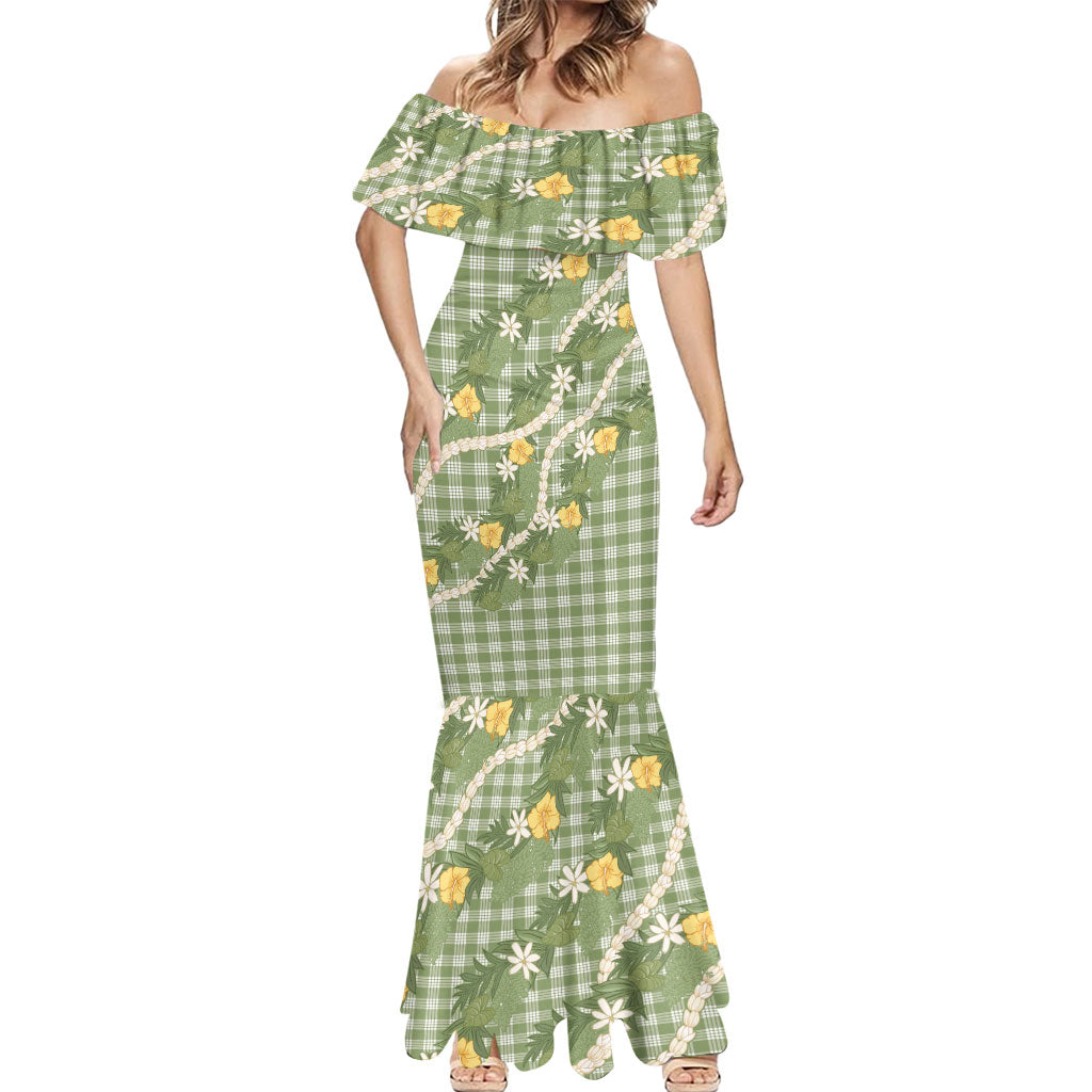 Aloha Puakenikeni Anthurium Pikake Lei Mermaid Dress Green Hawaiian Palaka Pattern