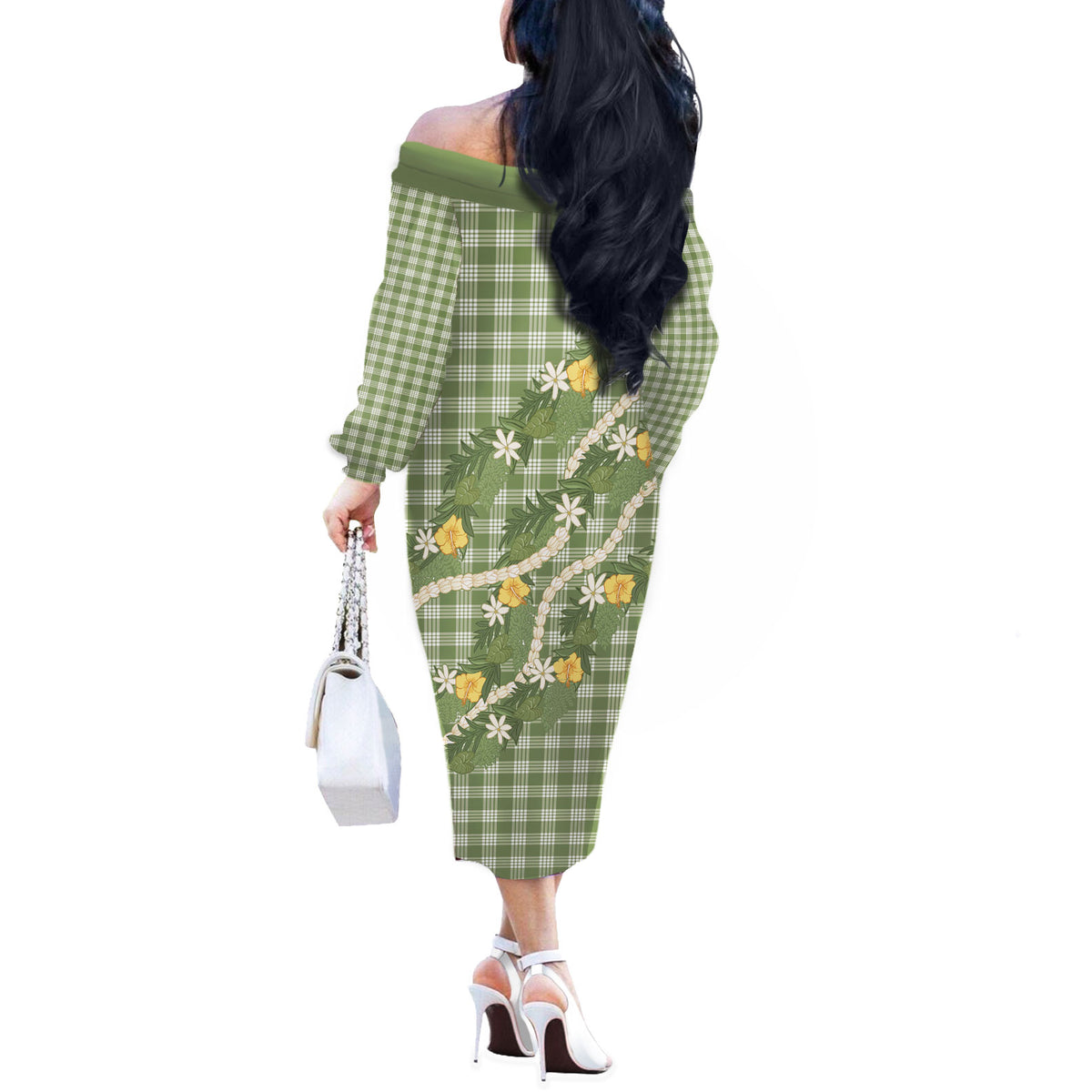 Aloha Puakenikeni Anthurium Pikake Lei Off The Shoulder Long Sleeve Dress Green Hawaiian Palaka Pattern LT9 - Polynesian Pride