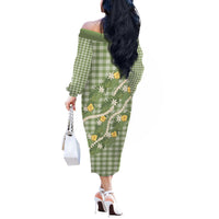 Aloha Puakenikeni Anthurium Pikake Lei Off The Shoulder Long Sleeve Dress Green Hawaiian Palaka Pattern LT9 - Polynesian Pride