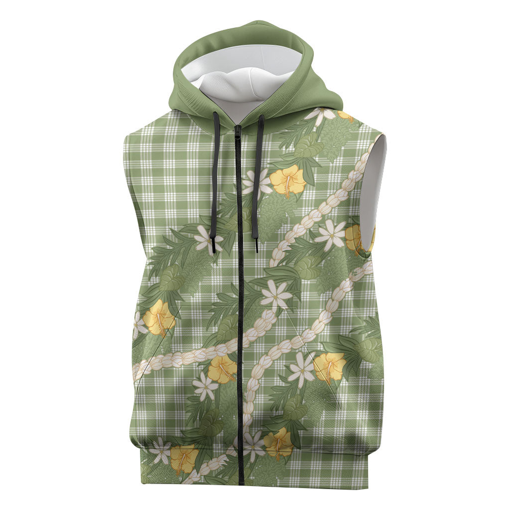 Aloha Puakenikeni Anthurium Pikake Lei Sleeveless Zip Hoodie Green Hawaiian Palaka Pattern