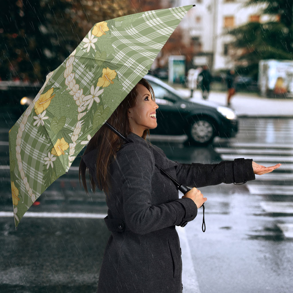 Aloha Puakenikeni Anthurium Pikake Lei Umbrella Green Hawaiian Palaka Pattern