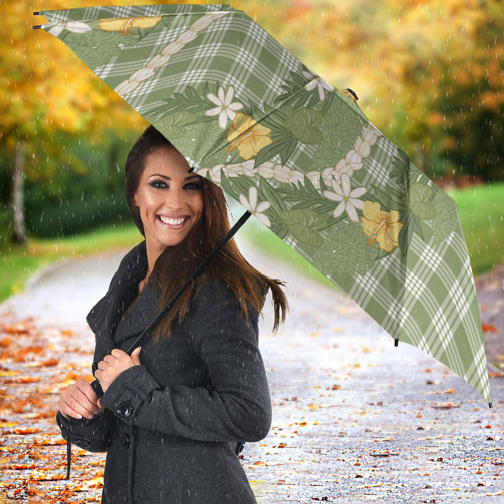 Aloha Puakenikeni Anthurium Pikake Lei Umbrella Green Hawaiian Palaka Pattern