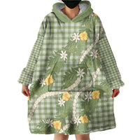 Aloha Puakenikeni Anthurium Pikake Lei Wearable Blanket Hoodie Green Hawaiian Palaka Pattern