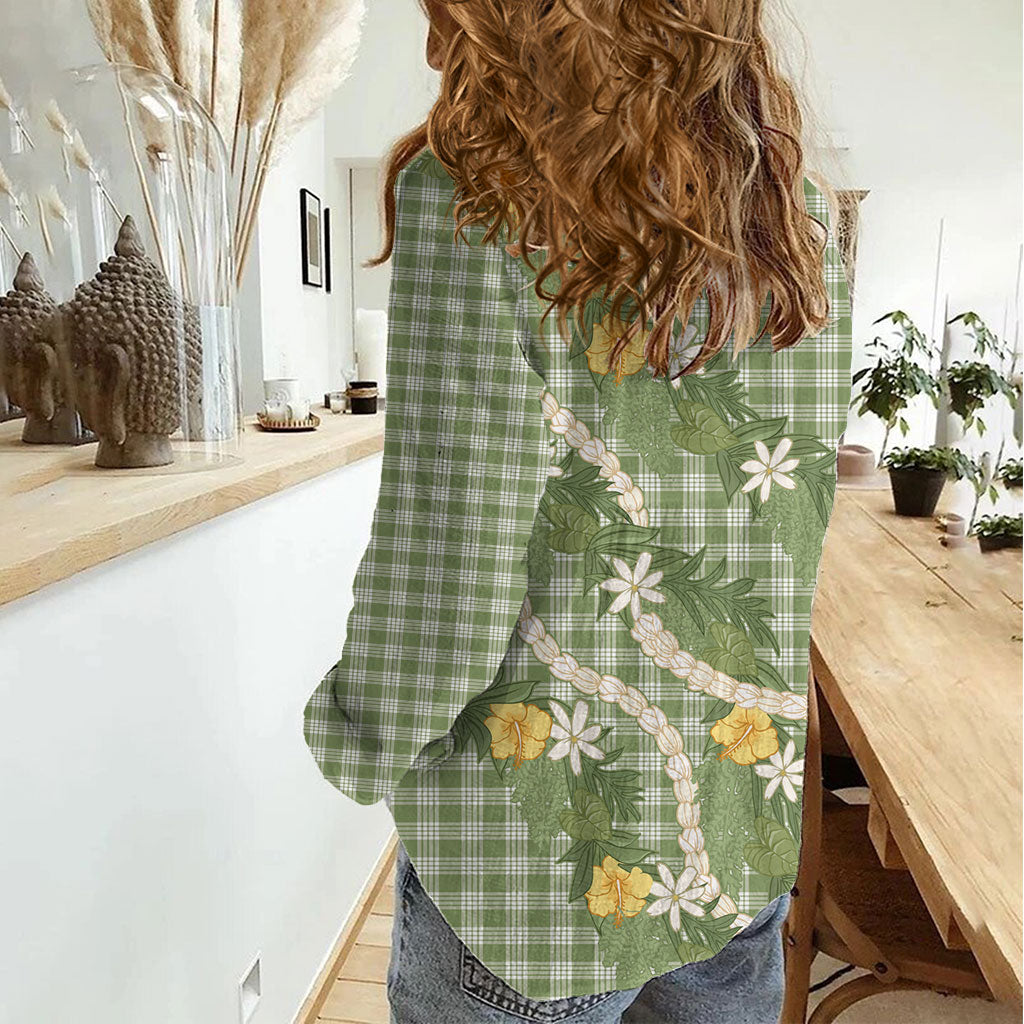 Aloha Puakenikeni Anthurium Pikake Lei Women Casual Shirt Green Hawaiian Palaka Pattern LT9 - Polynesian Pride