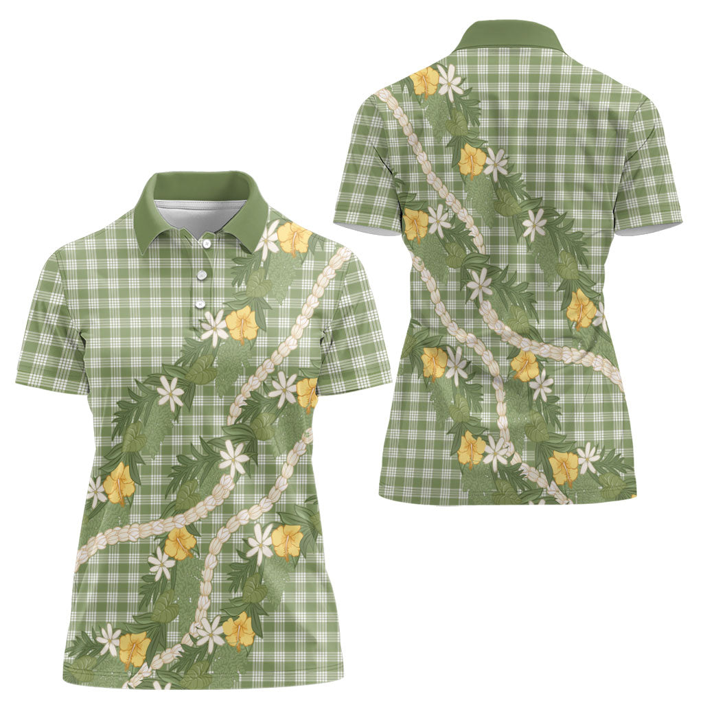 Aloha Puakenikeni Anthurium Pikake Lei Women Polo Shirt Green Hawaiian Palaka Pattern LT9 - Polynesian Pride