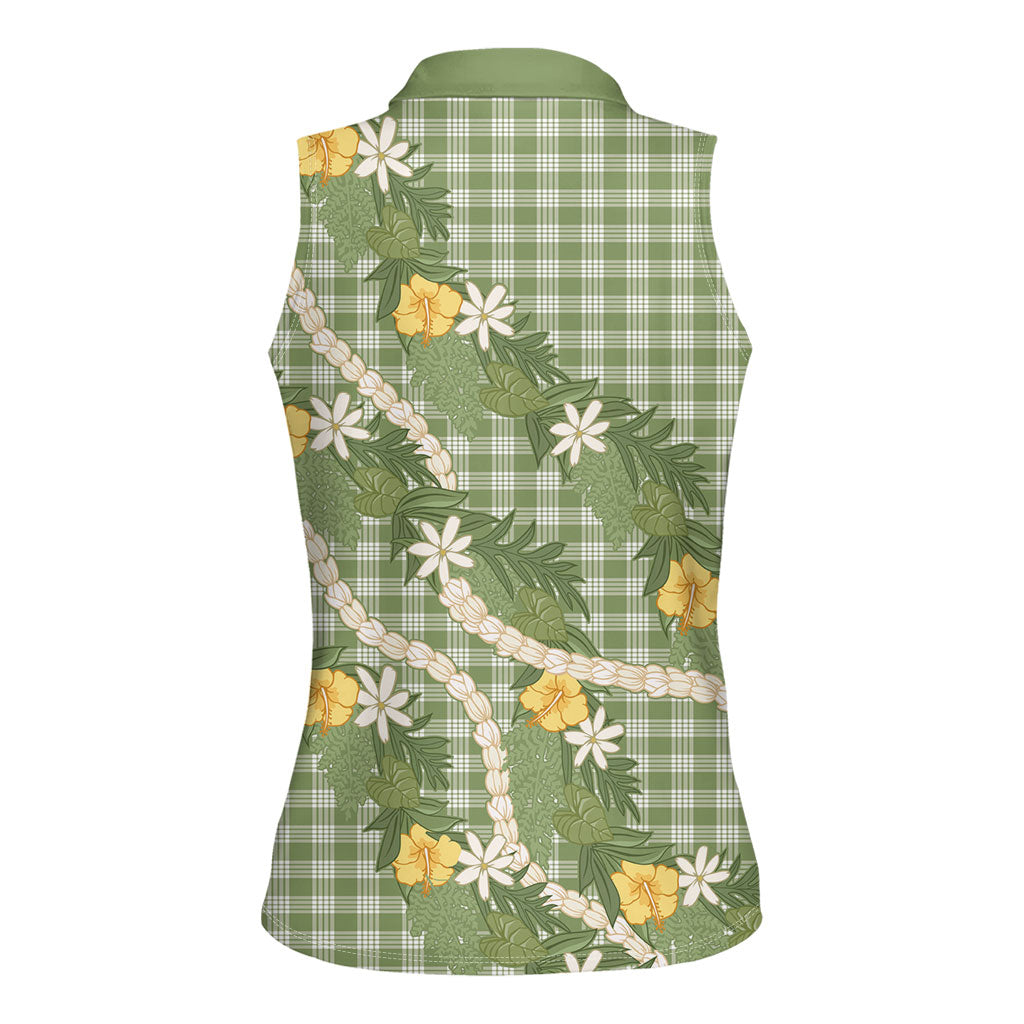 Aloha Puakenikeni Anthurium Pikake Lei Women Sleeveless Polo Shirt Green Hawaiian Palaka Pattern LT9 - Polynesian Pride