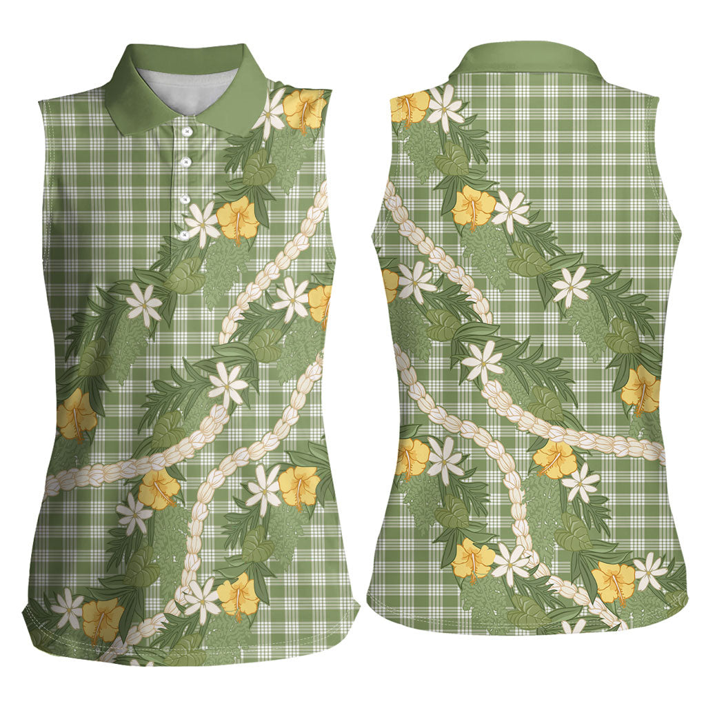 Aloha Puakenikeni Anthurium Pikake Lei Women Sleeveless Polo Shirt Green Hawaiian Palaka Pattern LT9 - Polynesian Pride