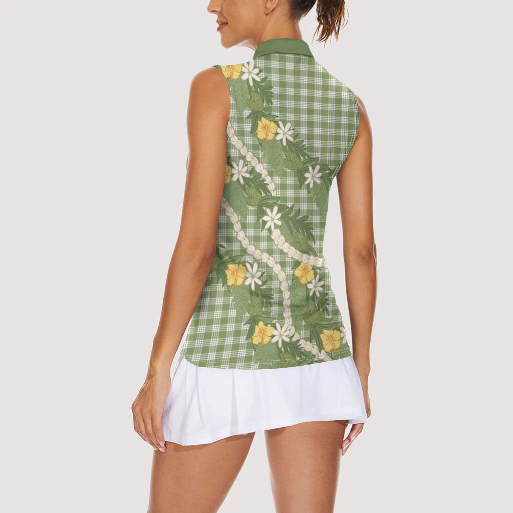 Aloha Puakenikeni Anthurium Pikake Lei Women Sleeveless Polo Shirt Green Hawaiian Palaka Pattern LT9 - Polynesian Pride