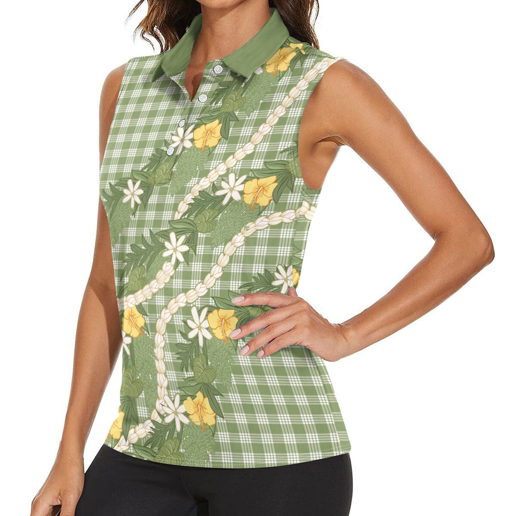 Aloha Puakenikeni Anthurium Pikake Lei Women Sleeveless Polo Shirt Green Hawaiian Palaka Pattern LT9 - Polynesian Pride