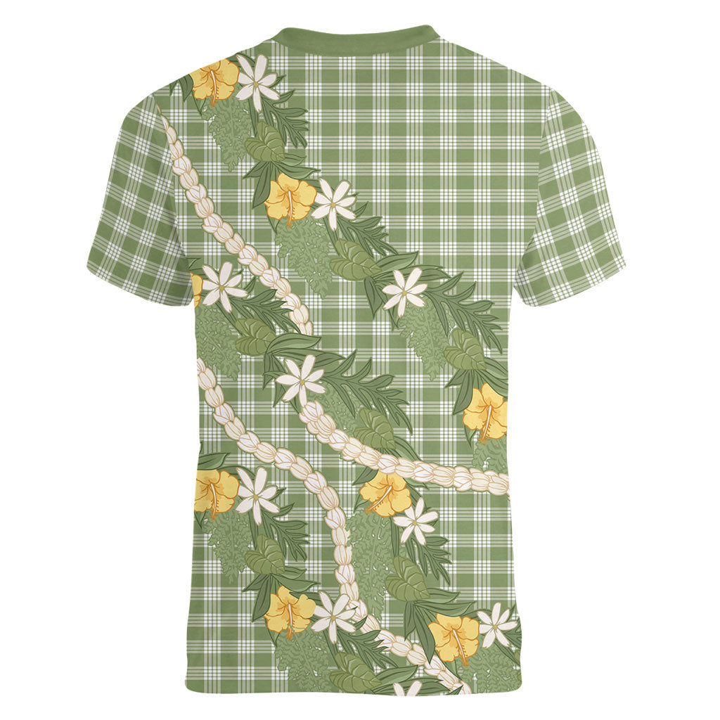 Aloha Puakenikeni Anthurium Pikake Lei Women V-Neck T-Shirt Green Hawaiian Palaka Pattern LT9 - Polynesian Pride