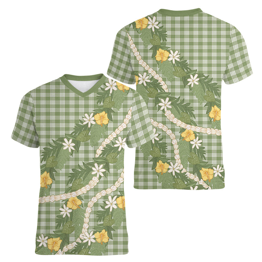 Aloha Puakenikeni Anthurium Pikake Lei Women V-Neck T-Shirt Green Hawaiian Palaka Pattern LT9 - Polynesian Pride