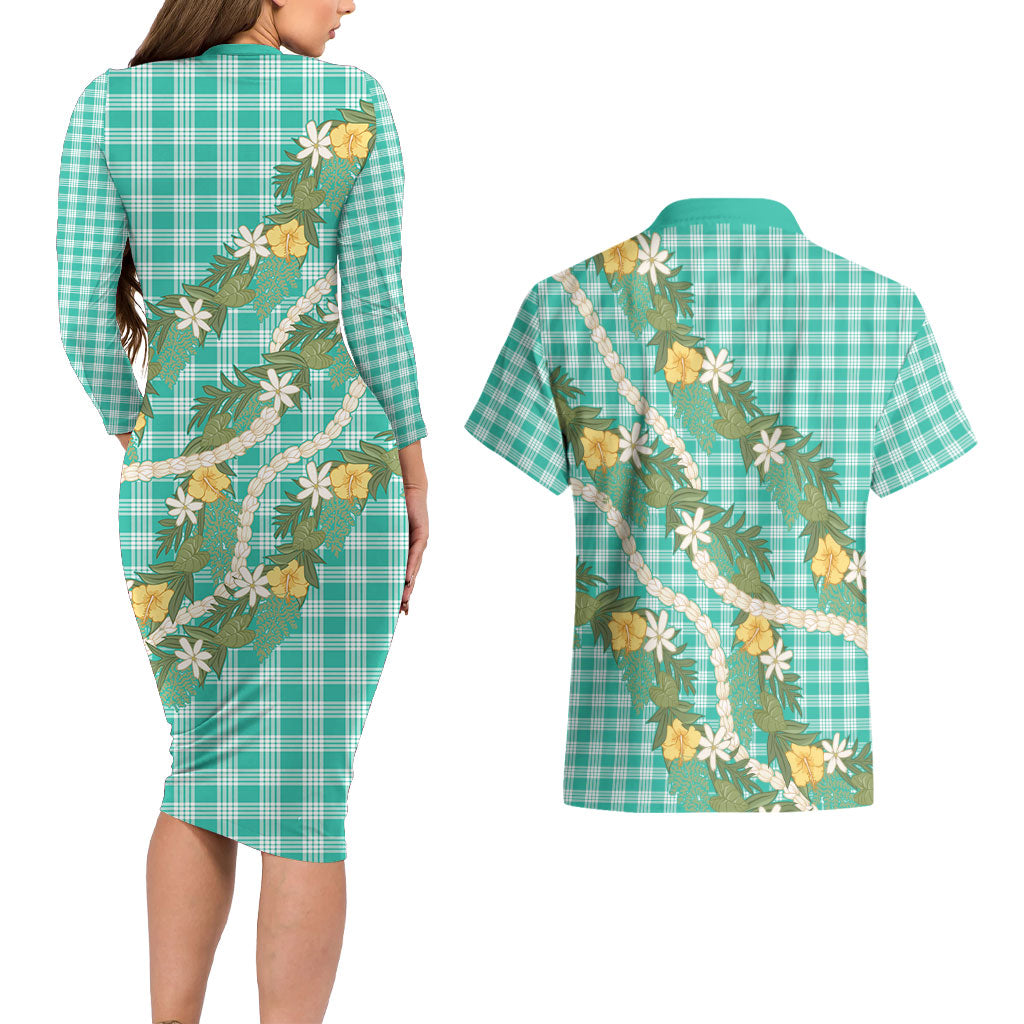 Aloha Puakenikeni Anthurium Pikake Lei Couples Matching Long Sleeve Bodycon Dress and Hawaiian Shirt Marine Hawaiian Palaka Pattern LT9 - Polynesian Pride