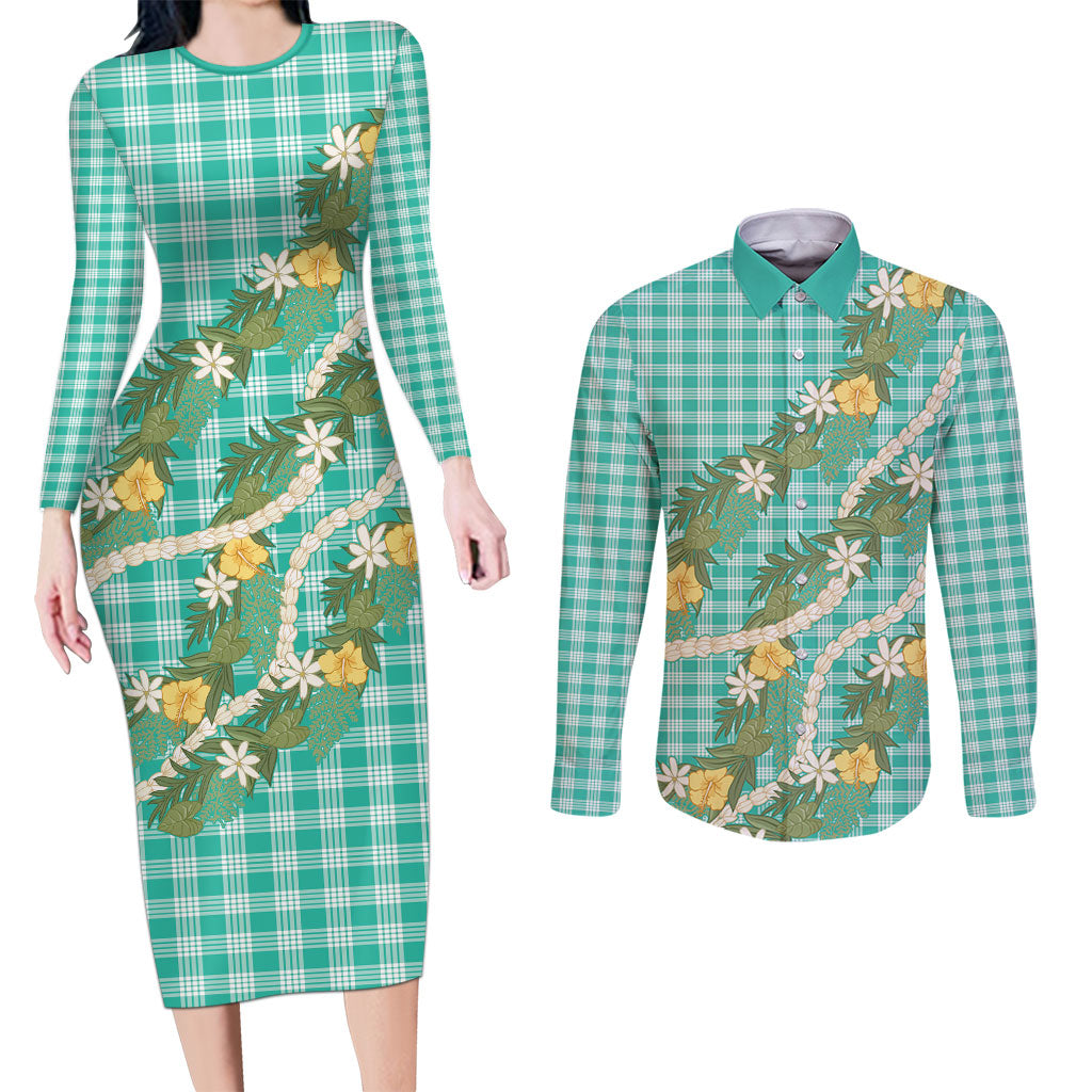 Aloha Puakenikeni Anthurium Pikake Lei Couples Matching Long Sleeve Bodycon Dress and Long Sleeve Button Shirt Marine Hawaiian Palaka Pattern LT9 Marine - Polynesian Pride