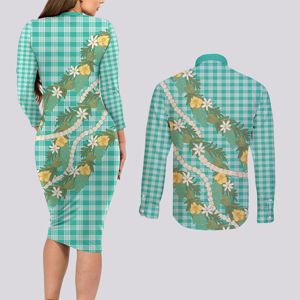 Aloha Puakenikeni Anthurium Pikake Lei Couples Matching Long Sleeve Bodycon Dress and Long Sleeve Button Shirt Marine Hawaiian Palaka Pattern LT9 - Polynesian Pride