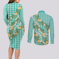 Aloha Puakenikeni Anthurium Pikake Lei Couples Matching Long Sleeve Bodycon Dress and Long Sleeve Button Shirt Marine Hawaiian Palaka Pattern LT9 - Polynesian Pride