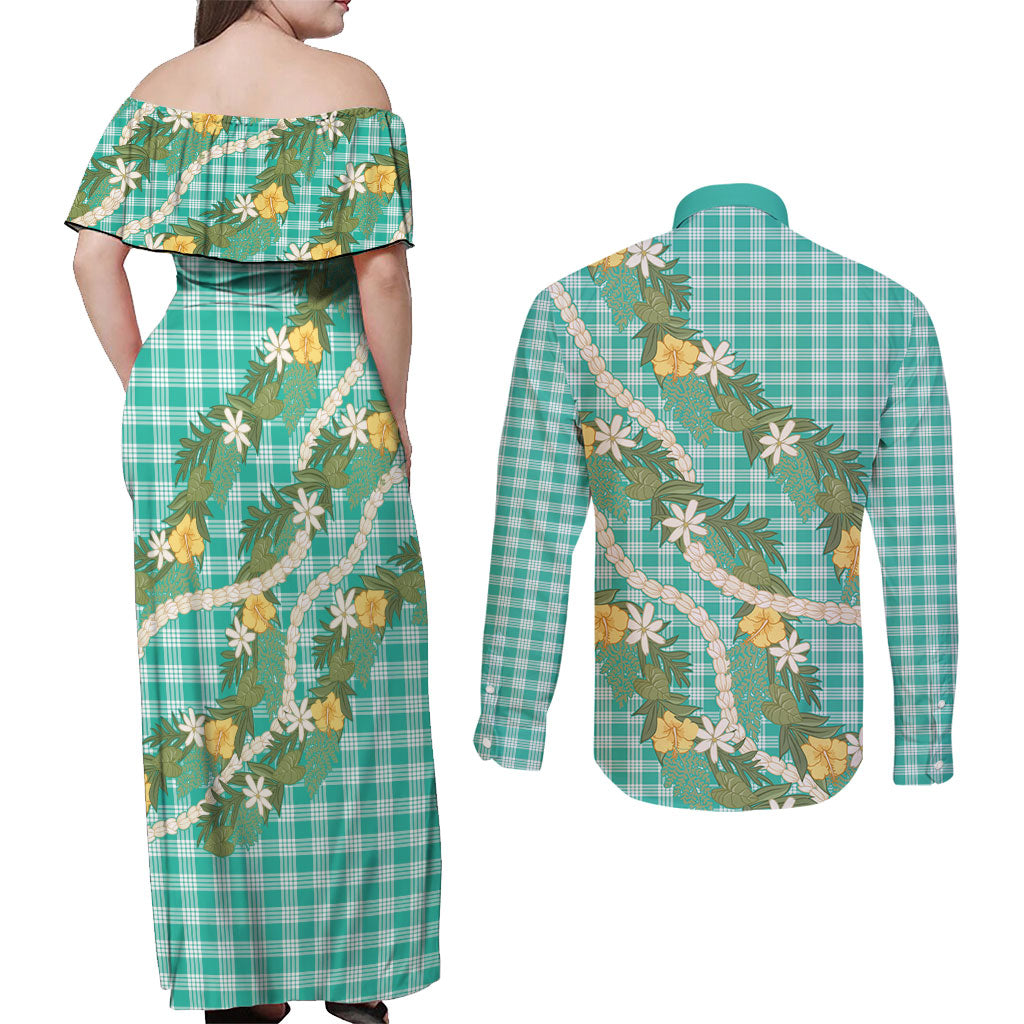 Aloha Puakenikeni Anthurium Pikake Lei Couples Matching Off Shoulder Maxi Dress and Long Sleeve Button Shirt Marine Hawaiian Palaka Pattern LT9 - Polynesian Pride