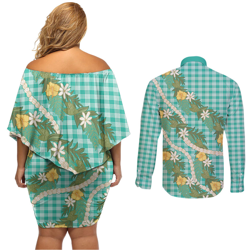 Aloha Puakenikeni Anthurium Pikake Lei Couples Matching Off Shoulder Short Dress and Long Sleeve Button Shirt Marine Hawaiian Palaka Pattern LT9 - Polynesian Pride