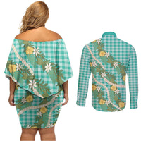 Aloha Puakenikeni Anthurium Pikake Lei Couples Matching Off Shoulder Short Dress and Long Sleeve Button Shirt Marine Hawaiian Palaka Pattern LT9 - Polynesian Pride