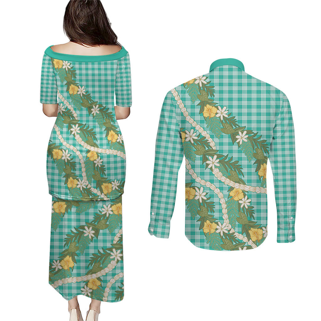 Aloha Puakenikeni Anthurium Pikake Lei Couples Matching Puletasi and Long Sleeve Button Shirt Marine Hawaiian Palaka Pattern LT9 - Polynesian Pride
