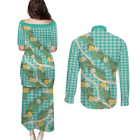 Aloha Puakenikeni Anthurium Pikake Lei Couples Matching Puletasi and Long Sleeve Button Shirt Marine Hawaiian Palaka Pattern LT9 - Polynesian Pride
