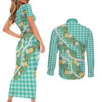 Aloha Puakenikeni Anthurium Pikake Lei Couples Matching Short Sleeve Bodycon Dress and Long Sleeve Button Shirt Marine Hawaiian Palaka Pattern LT9 - Polynesian Pride