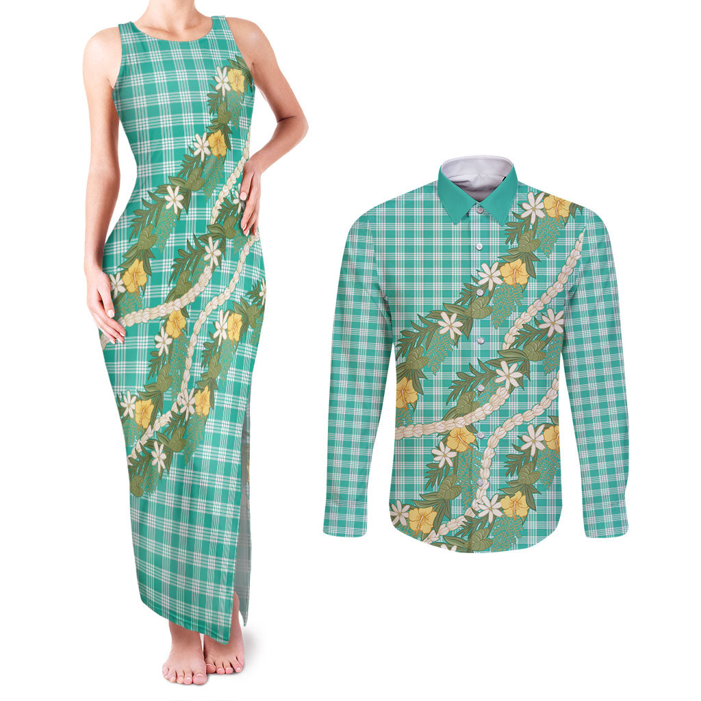 Aloha Puakenikeni Anthurium Pikake Lei Couples Matching Tank Maxi Dress and Long Sleeve Button Shirt Marine Hawaiian Palaka Pattern LT9 Marine - Polynesian Pride