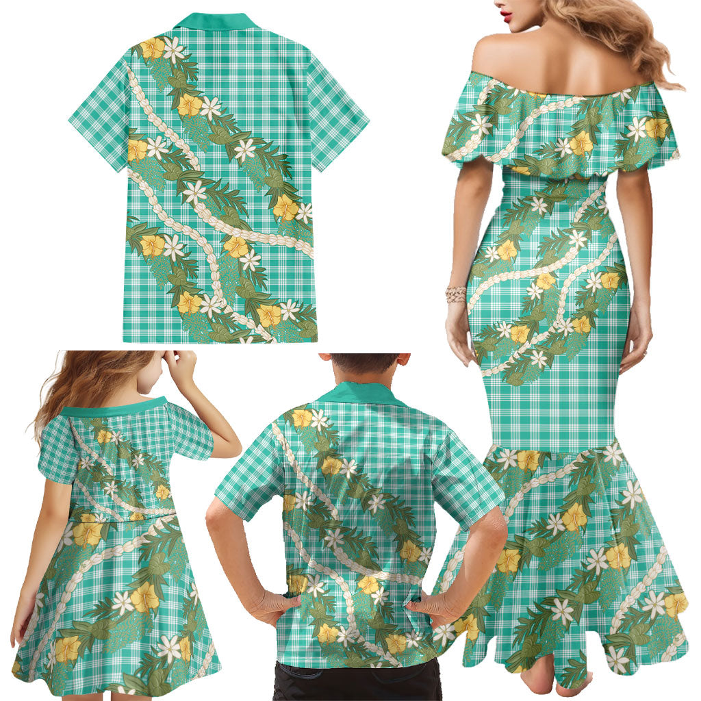 Aloha Puakenikeni Anthurium Pikake Lei Family Matching Mermaid Dress and Hawaiian Shirt Marine Hawaiian Palaka Pattern LT9 - Polynesian Pride