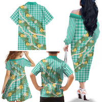 Aloha Puakenikeni Anthurium Pikake Lei Family Matching Off The Shoulder Long Sleeve Dress and Hawaiian Shirt Marine Hawaiian Palaka Pattern LT9 - Polynesian Pride