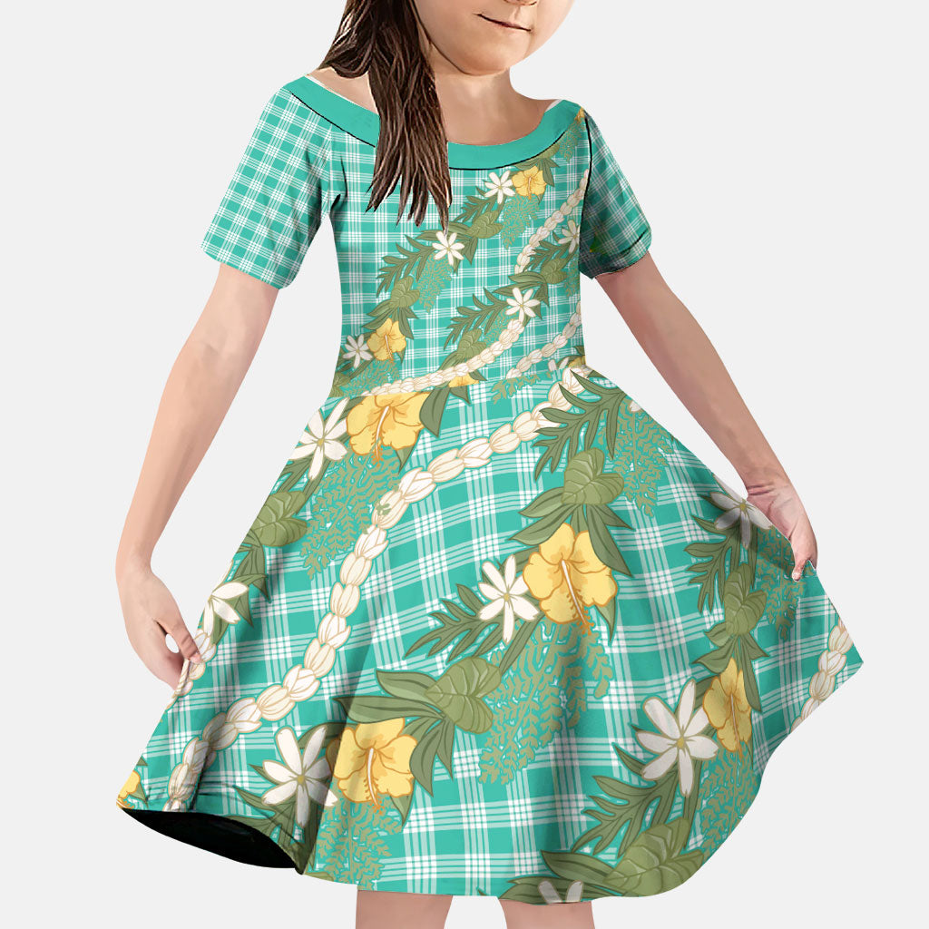 Aloha Puakenikeni Anthurium Pikake Lei Family Matching Off Shoulder Maxi Dress and Hawaiian Shirt Marine Hawaiian Palaka Pattern LT9 Daughter's Dress Marine - Polynesian Pride