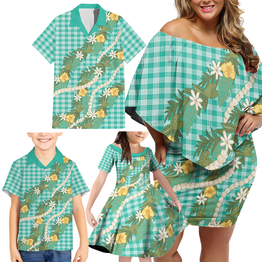 Aloha Puakenikeni Anthurium Pikake Lei Family Matching Off Shoulder Short Dress and Hawaiian Shirt Marine Hawaiian Palaka Pattern LT9 - Polynesian Pride