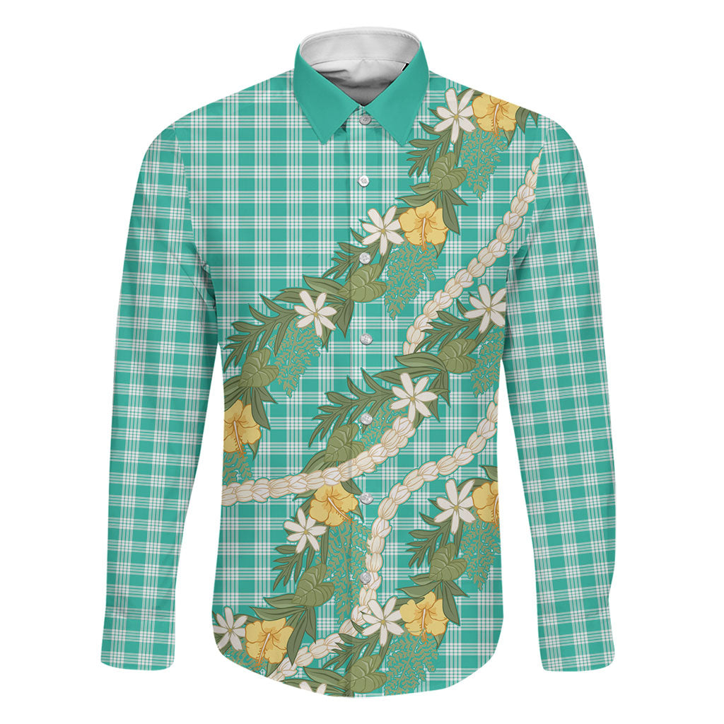 Aloha Puakenikeni Anthurium Pikake Lei Family Matching Puletasi and Hawaiian Shirt Marine Hawaiian Palaka Pattern LT9 Dad's Shirt - Long Sleeve Marine - Polynesian Pride