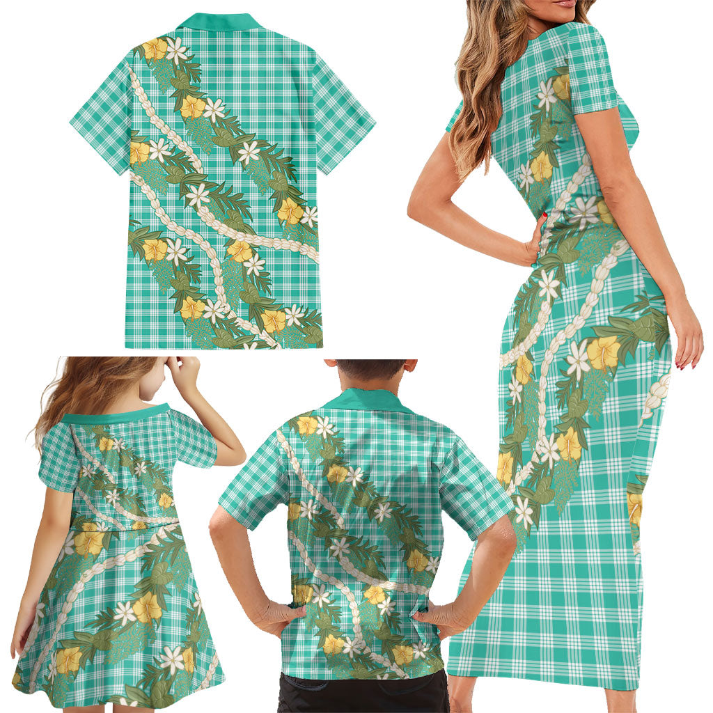 Aloha Puakenikeni Anthurium Pikake Lei Family Matching Short Sleeve Bodycon Dress and Hawaiian Shirt Marine Hawaiian Palaka Pattern LT9 - Polynesian Pride