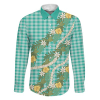 Aloha Puakenikeni Anthurium Pikake Lei Family Matching Tank Maxi Dress and Hawaiian Shirt Marine Hawaiian Palaka Pattern LT9 Dad's Shirt - Long Sleeve Marine - Polynesian Pride