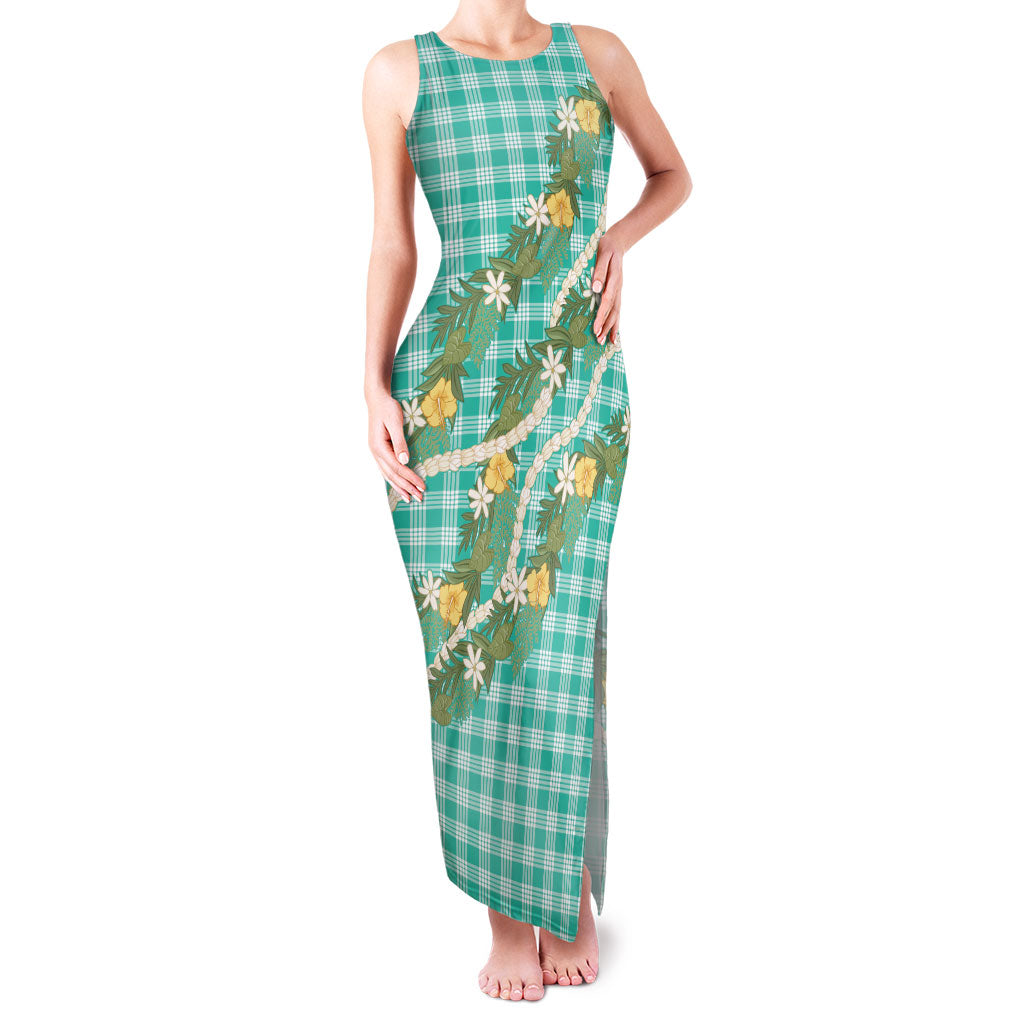 Aloha Puakenikeni Anthurium Pikake Lei Family Matching Tank Maxi Dress and Hawaiian Shirt Marine Hawaiian Palaka Pattern LT9 Mom's Dress Marine - Polynesian Pride