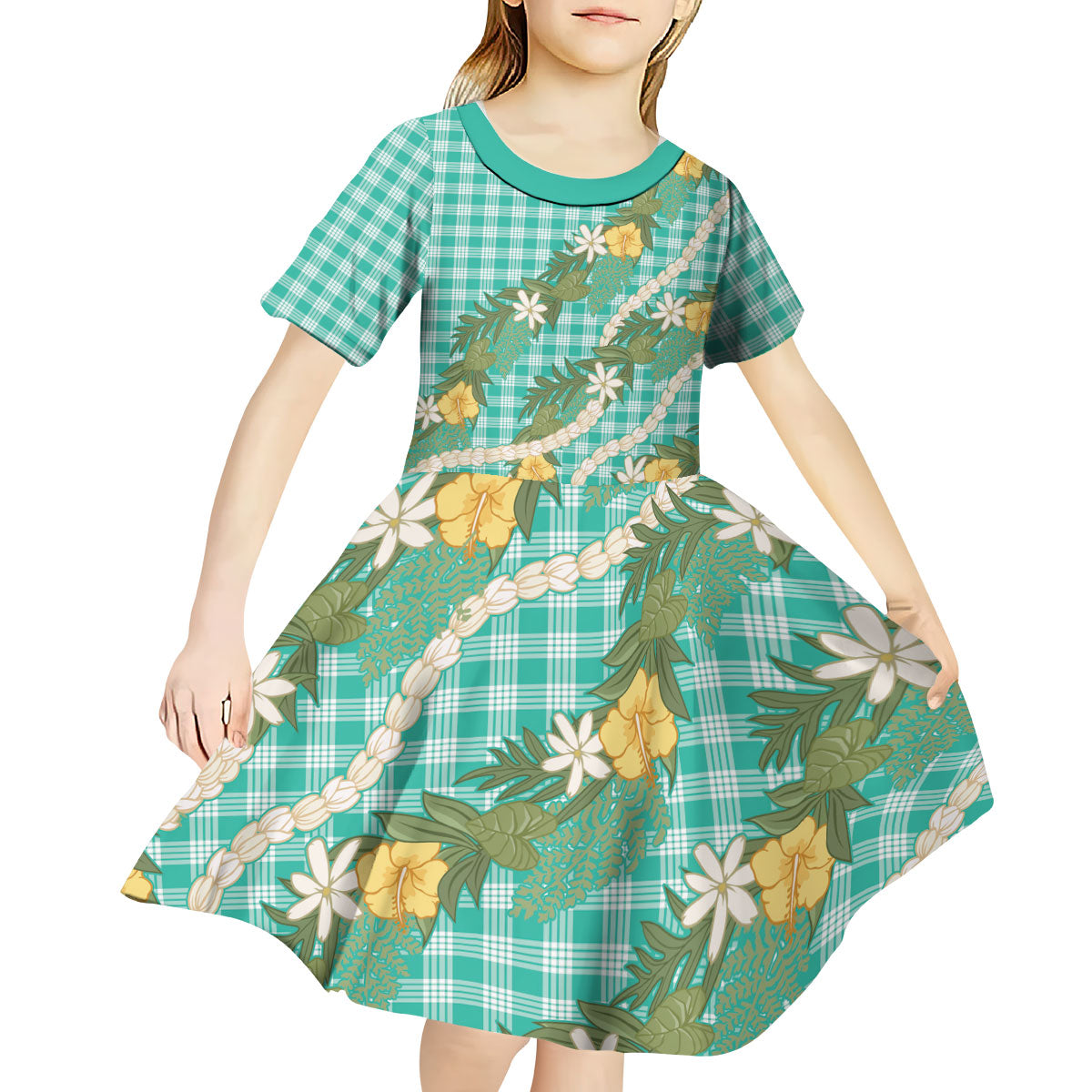 Aloha Puakenikeni Anthurium Pikake Lei Kid Short Sleeve Dress Marine Hawaiian Palaka Pattern
