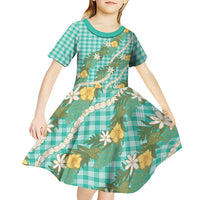Aloha Puakenikeni Anthurium Pikake Lei Kid Short Sleeve Dress Marine Hawaiian Palaka Pattern