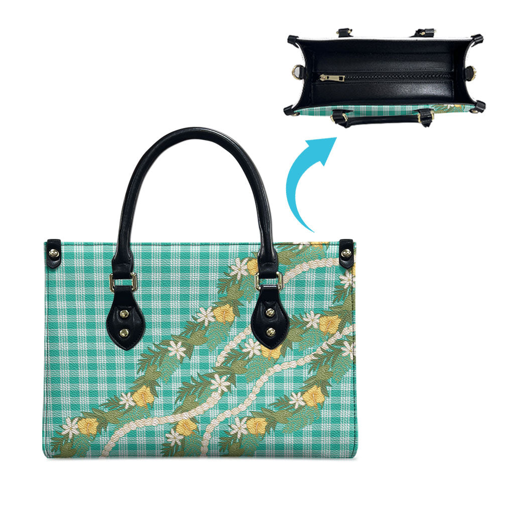 Aloha Puakenikeni Anthurium Pikake Lei Leather Bag Marine Hawaiian Palaka Pattern