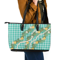 Aloha Puakenikeni Anthurium Pikake Lei Leather Tote Bag Marine Hawaiian Palaka Pattern