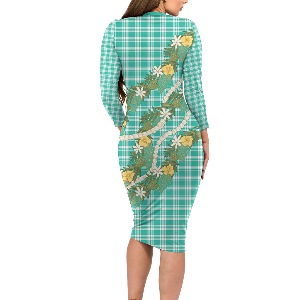 Aloha Puakenikeni Anthurium Pikake Lei Long Sleeve Bodycon Dress Marine Hawaiian Palaka Pattern LT9 - Polynesian Pride